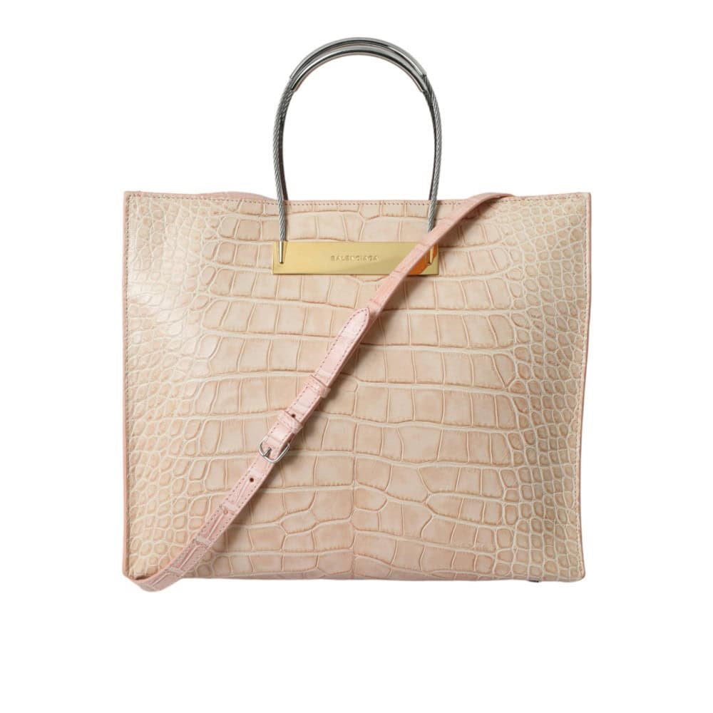 BALENCIAGA - Bolso tote de cuero exótico rosa con asa de cable y relieve