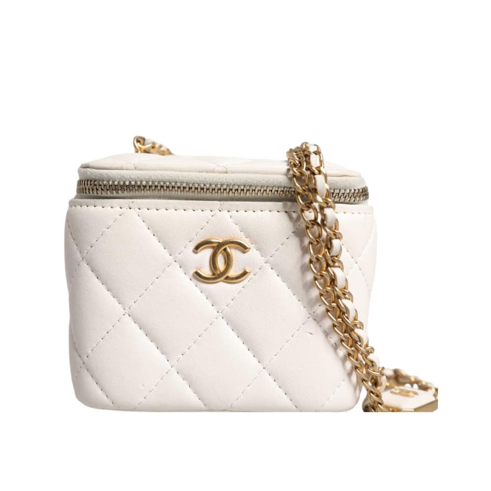 CHANEL - Espejo de tocador de hombro con cadena dorada de piel de cordero maltease blanca