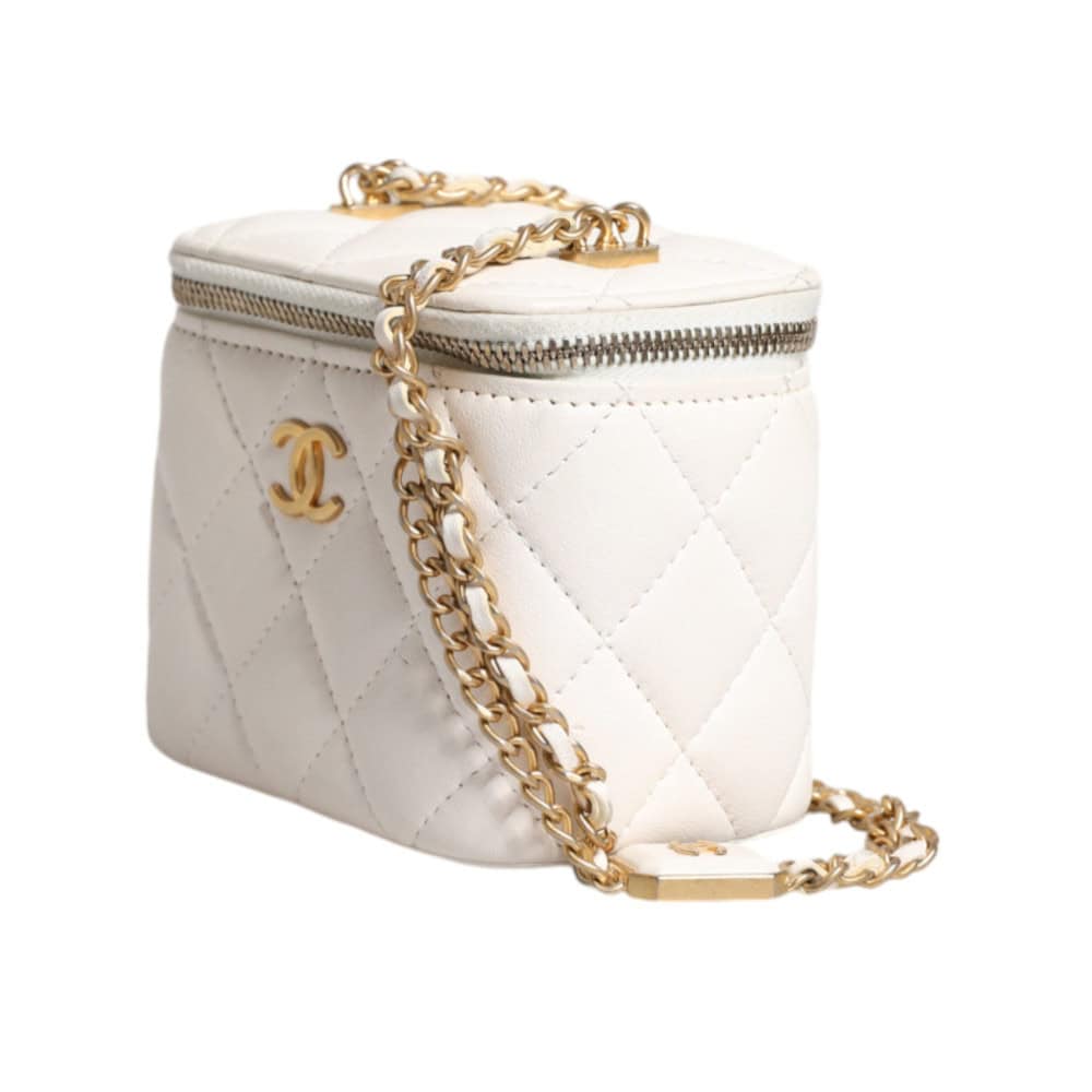 CHANEL - Espejo de tocador de hombro con cadena dorada de piel de cordero maltease blanca - Image 4